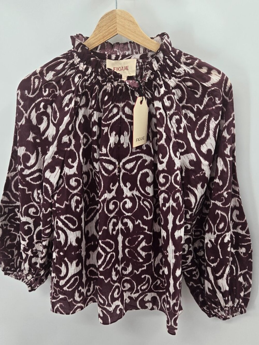 Figue Donna Plum White Ikat Smocked Ruffle Cotton Blouse XS